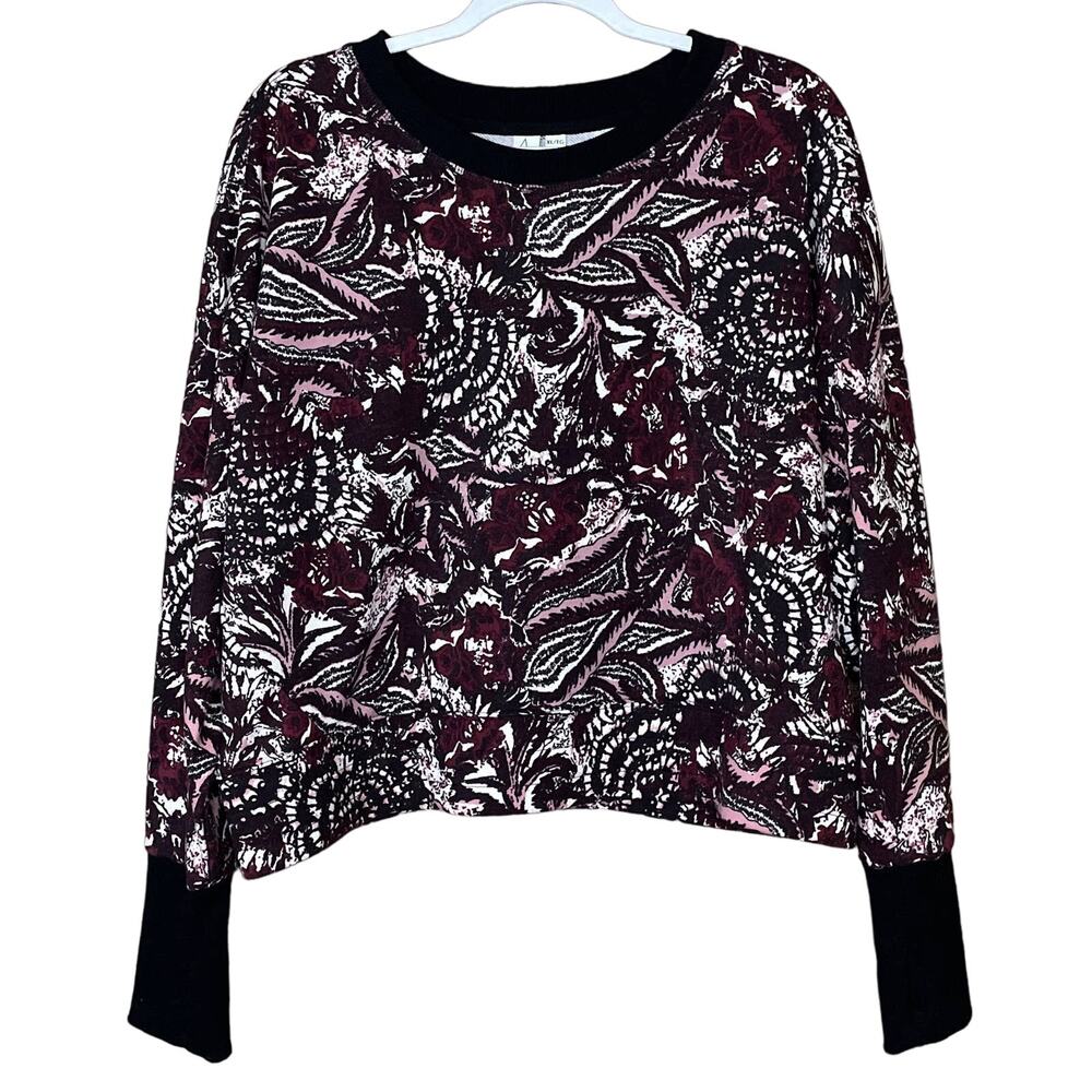 Joie Cropped Sweatshirt Thumbhole Sleeves Purple Black Paisley Size XL